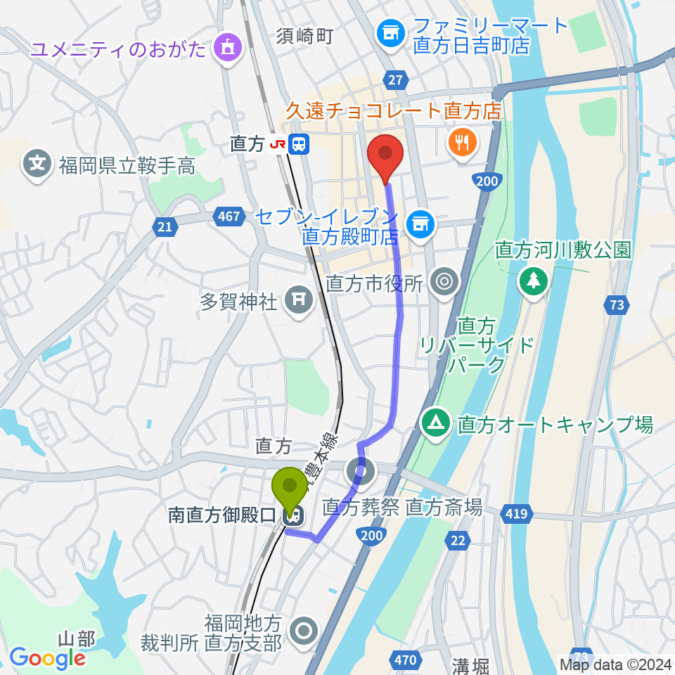 南直方御殿口駅からFMちょっくらじおへのルートマップ地図