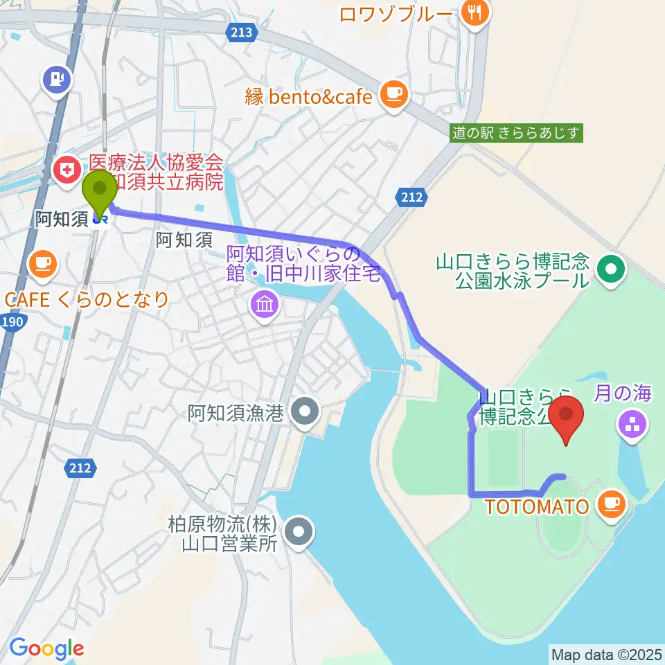 やまぐち富士商ドームの最寄駅阿知須駅からの徒歩ルート（約25分）地図