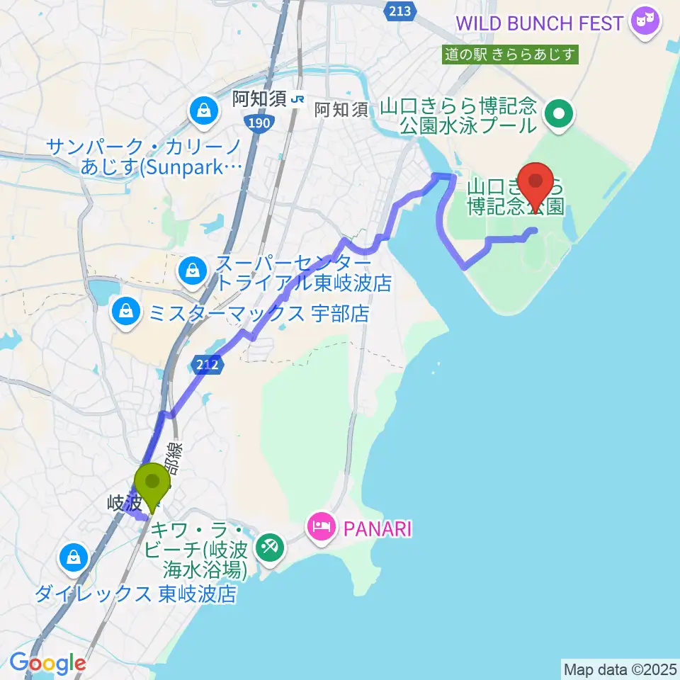 岐波駅からやまぐち富士商ドームへのルートマップ地図