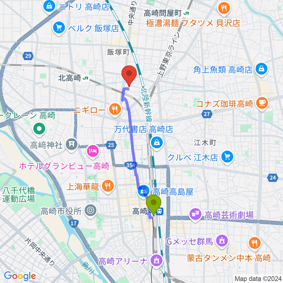 高崎駅から高崎市総合福祉センターへのルートマップ地図