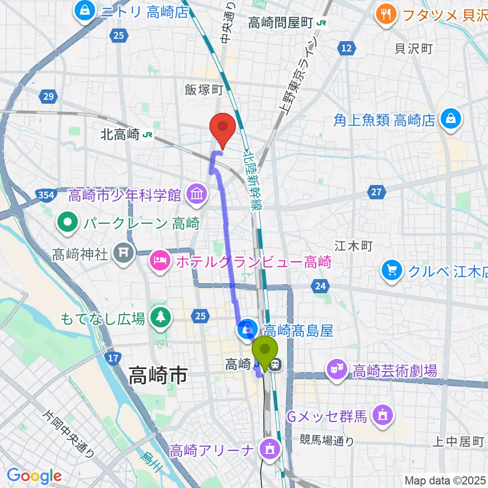 高崎駅から高崎市総合福祉センターへのルートマップ地図