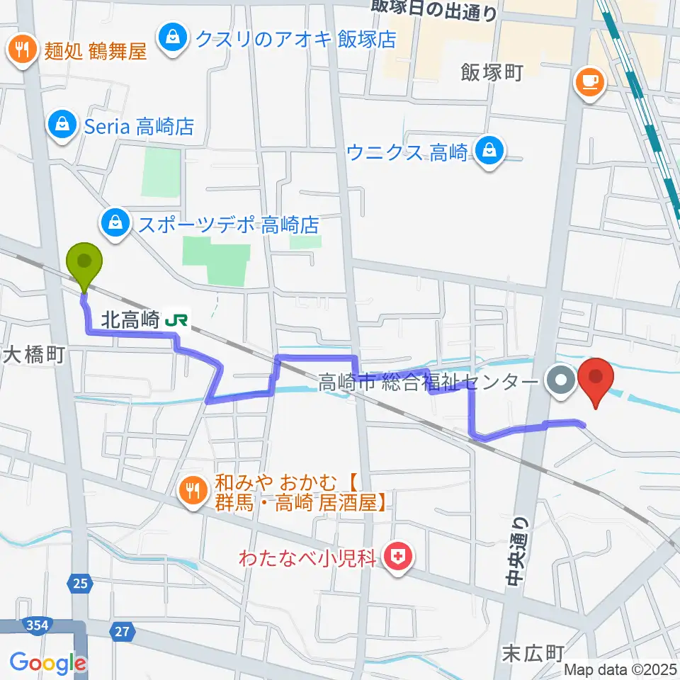 高崎市総合福祉センターの最寄駅北高崎駅からの徒歩ルート（約12分）地図