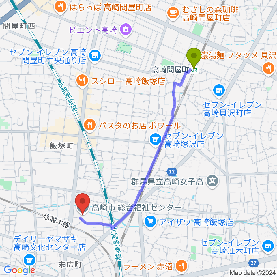 高崎問屋町駅から高崎市総合福祉センターへのルートマップ地図