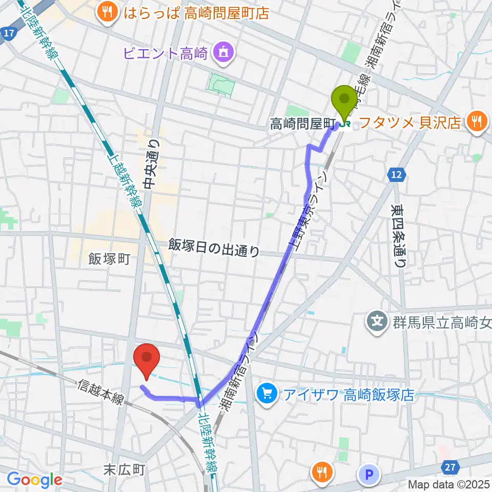 高崎問屋町駅から高崎市総合福祉センターへのルートマップ地図