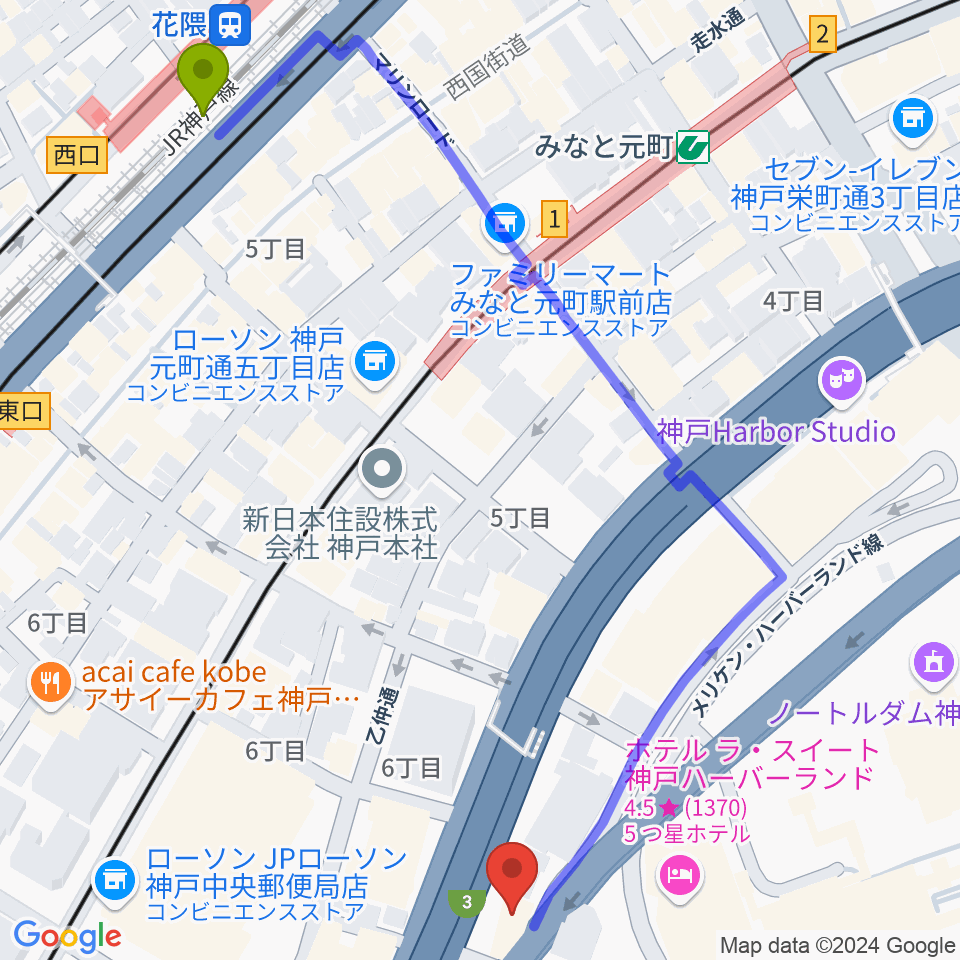 花隈駅からＷメリケン波止場へのルートマップ地図