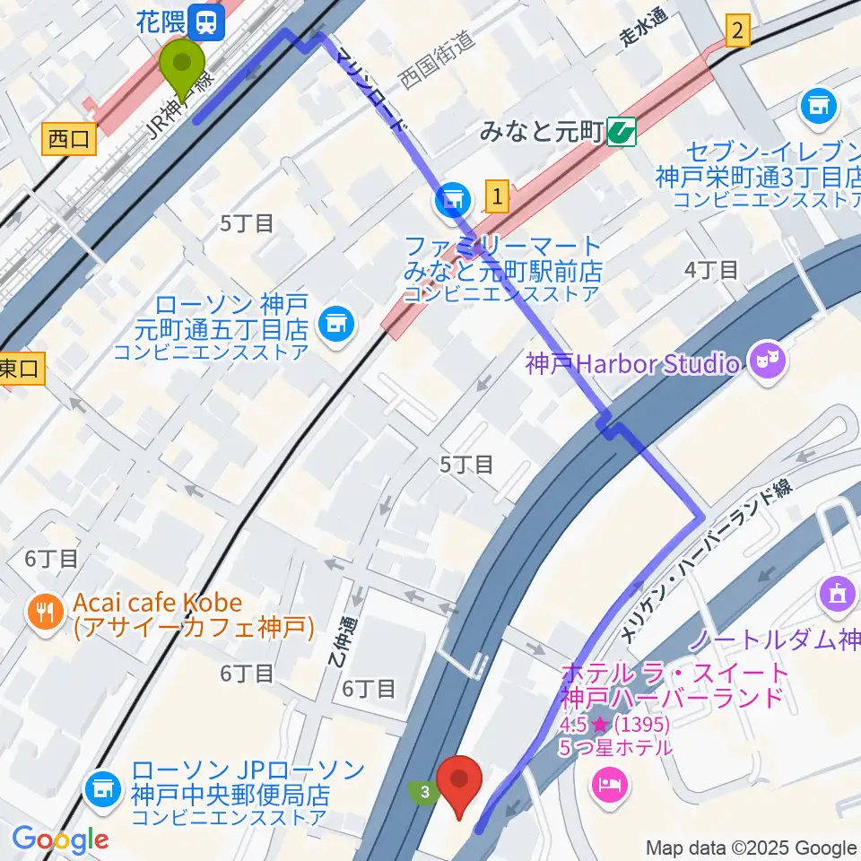 花隈駅からＷメリケン波止場へのルートマップ地図