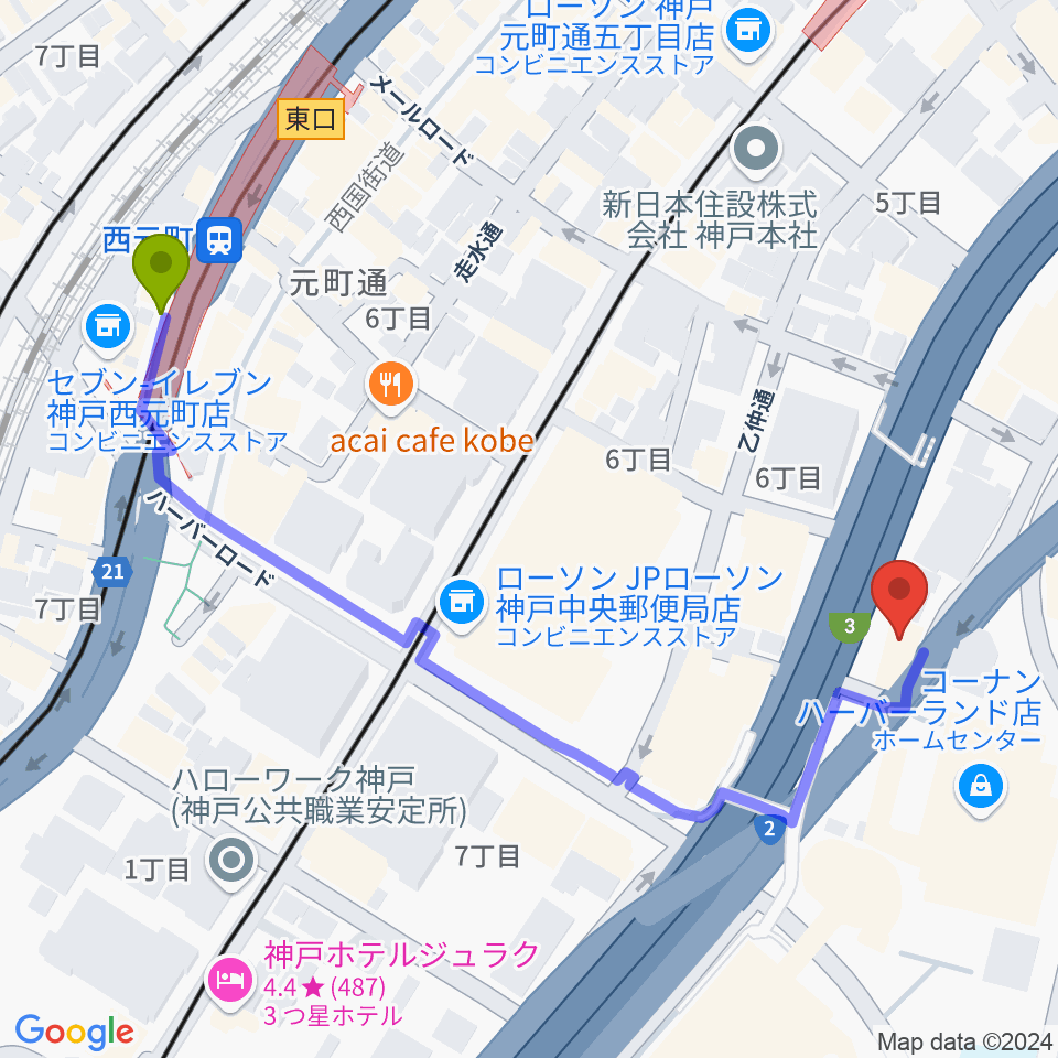 Ｗメリケン波止場の最寄駅西元町駅からの徒歩ルート（約6分）地図