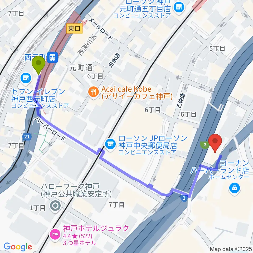 Ｗメリケン波止場の最寄駅西元町駅からの徒歩ルート（約6分）地図