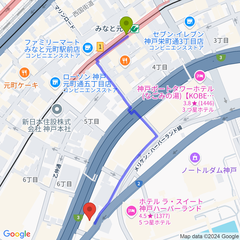 みなと元町駅からＷメリケン波止場へのルートマップ地図