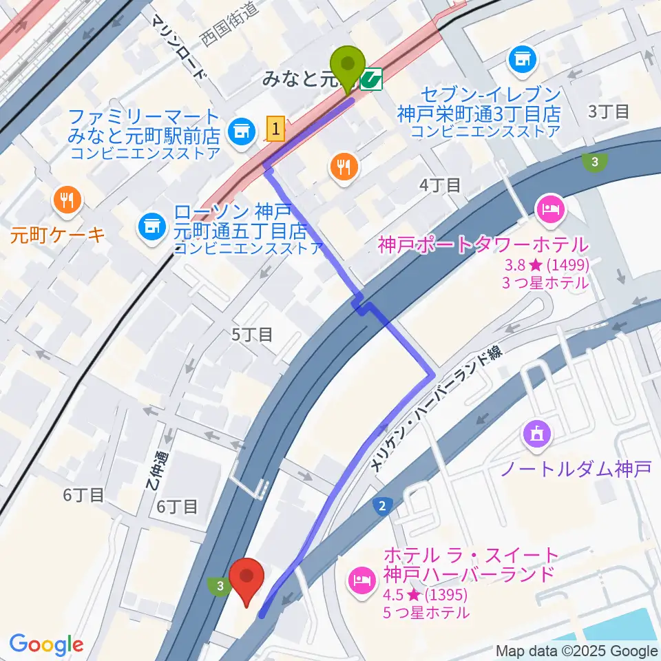 みなと元町駅からＷメリケン波止場へのルートマップ地図