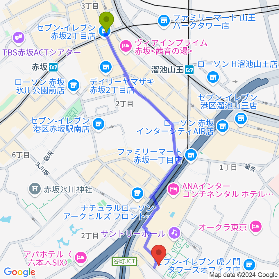 赤坂駅から六本木アークヒルズカフェへのルートマップ地図