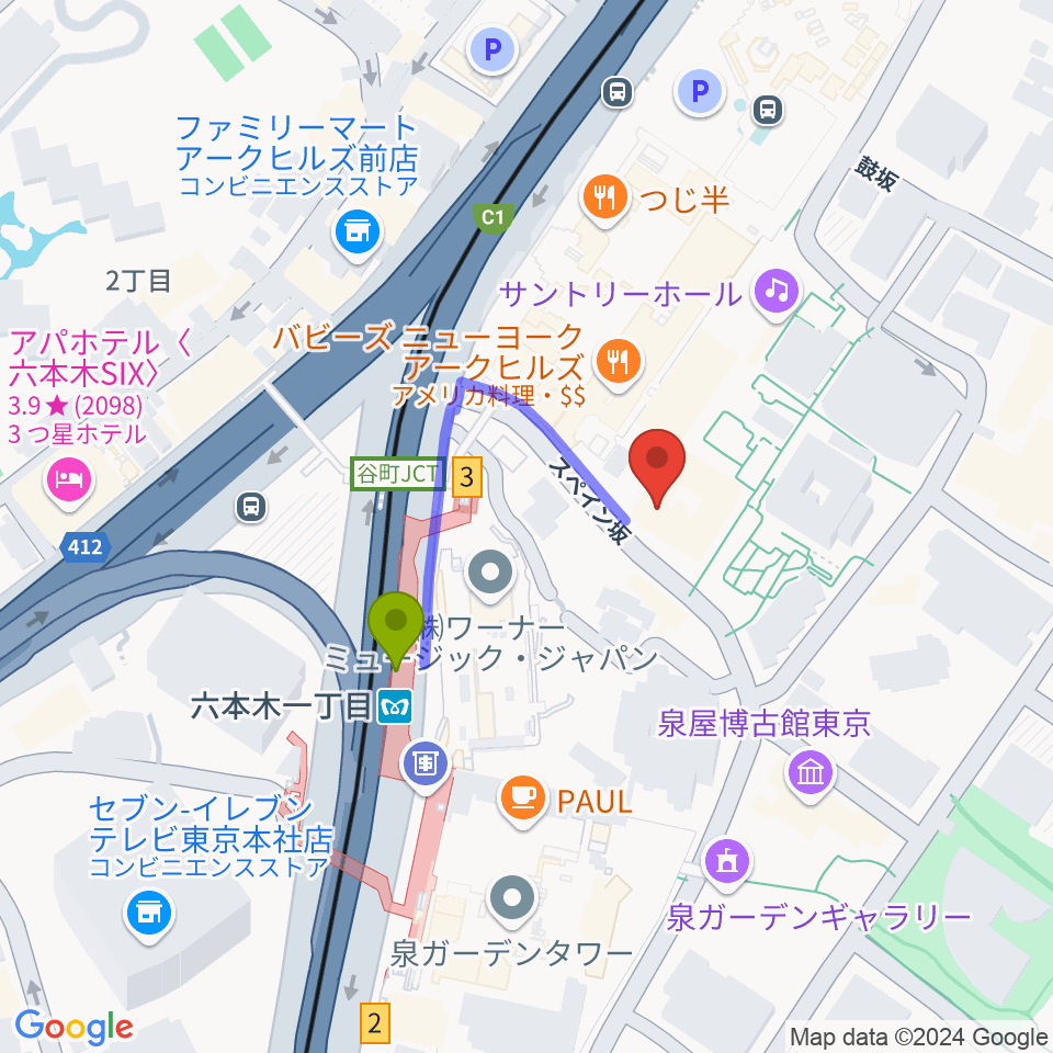 六本木アークヒルズカフェの最寄駅六本木一丁目駅からの徒歩ルート（約2分）地図