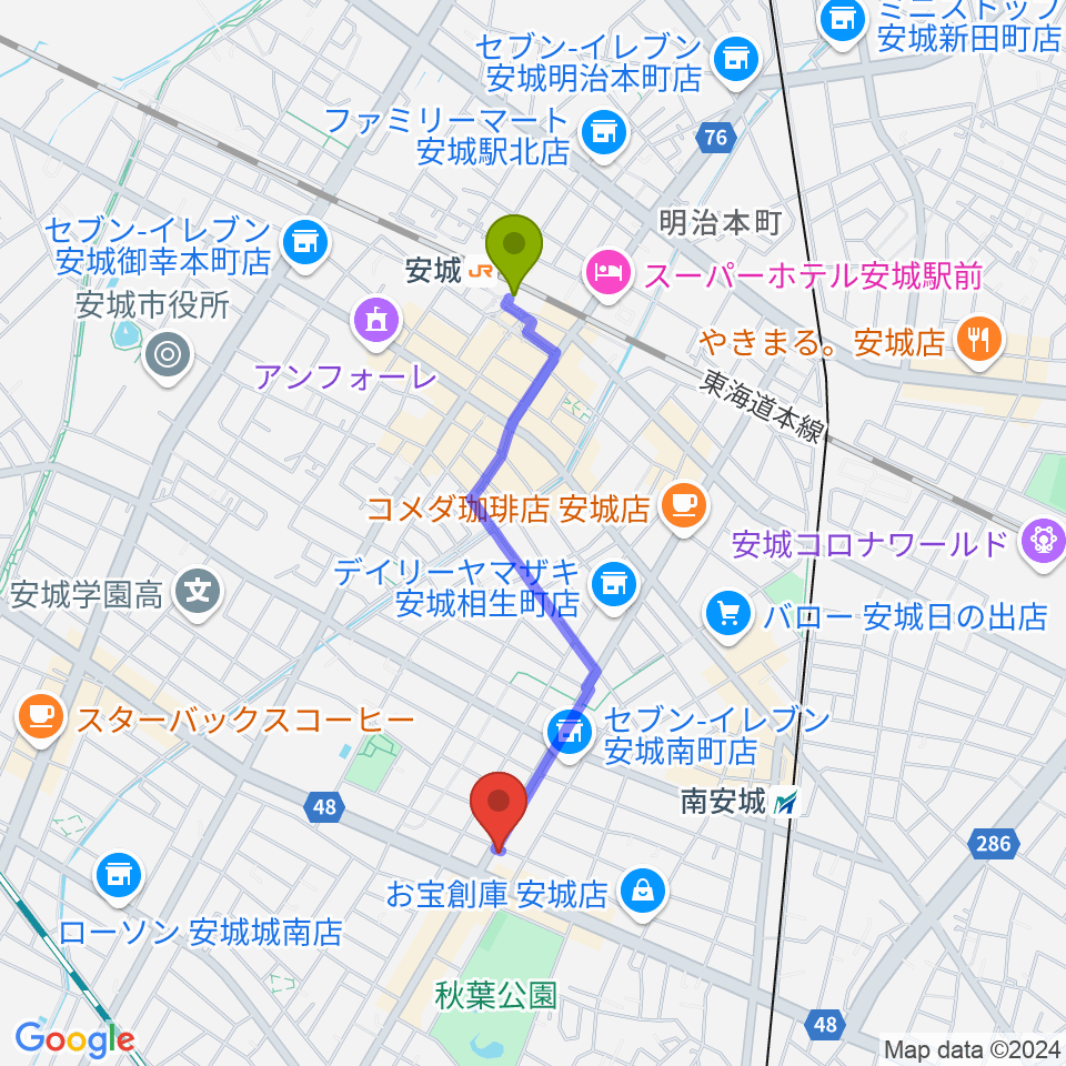 安城駅からギターショップメイヤへのルートマップ地図