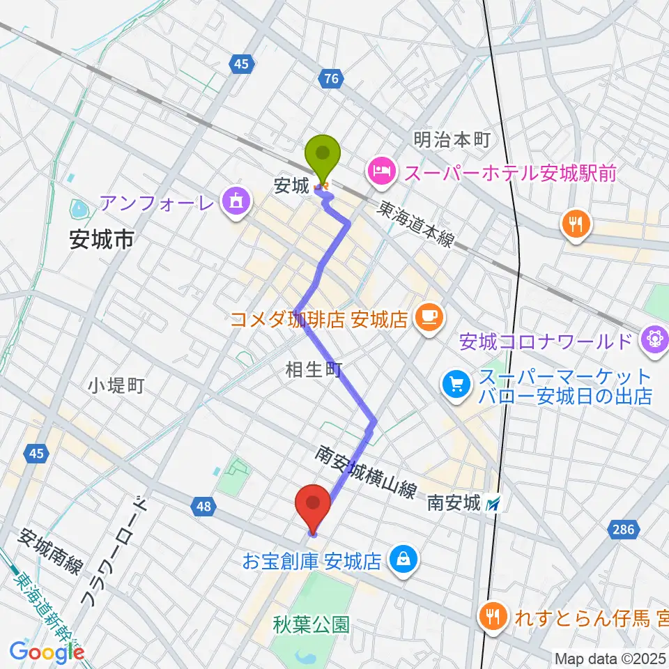 安城駅からギターショップメイヤへのルートマップ地図