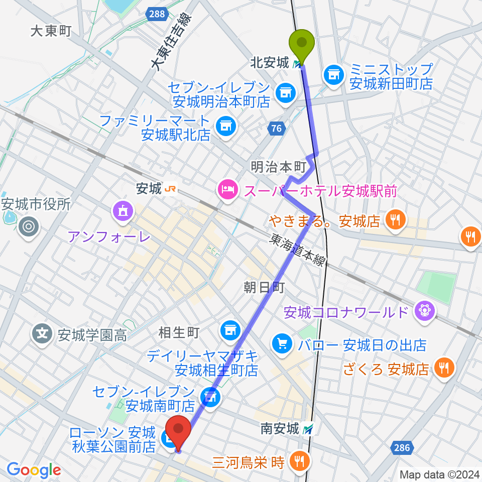 北安城駅からギターショップメイヤへのルートマップ地図