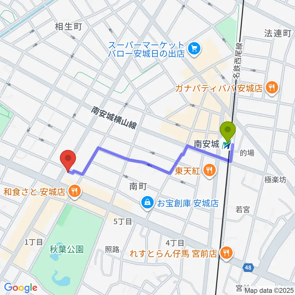 ギターショップメイヤの最寄駅南安城駅からの徒歩ルート（約9分）地図