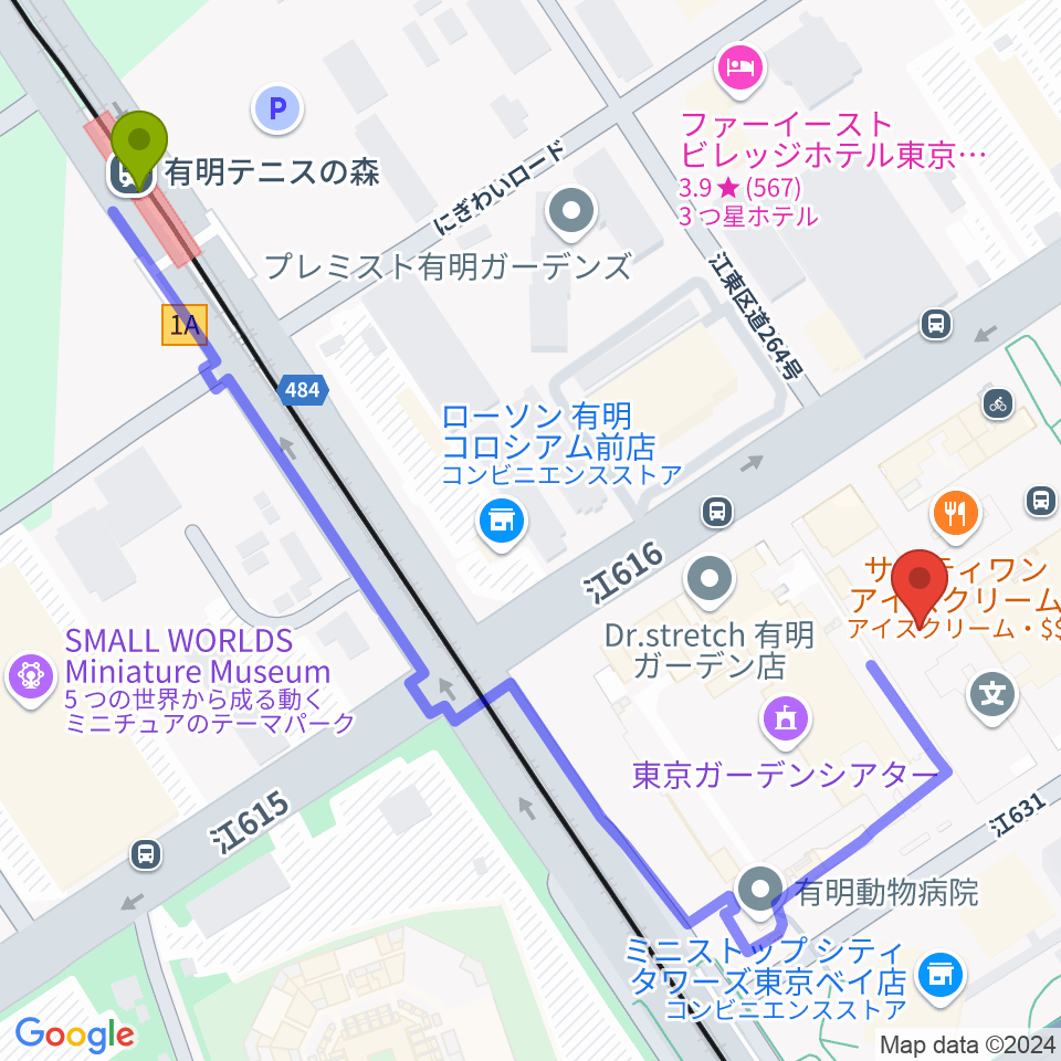 島村楽器 有明ガーデン店の最寄駅有明テニスの森駅からの徒歩ルート（約7分）地図