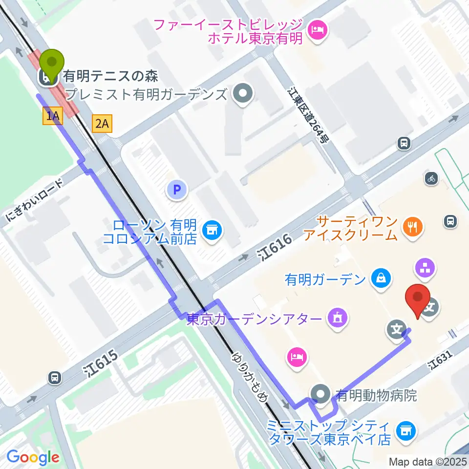 有明テニスの森駅から島村楽器 有明ガーデン店へのルートマップ地図