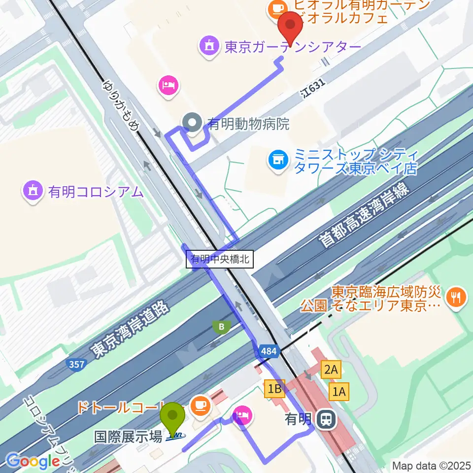 国際展示場駅から島村楽器 有明ガーデン店へのルートマップ地図