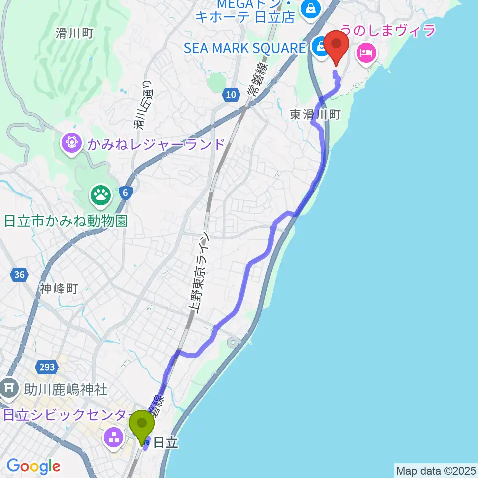 日立駅からシネマサンライズへのルートマップ地図