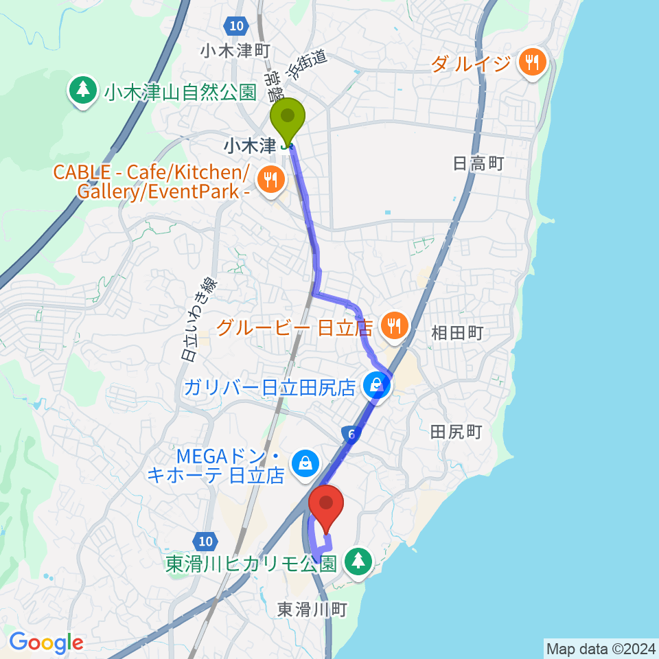 シネマサンライズの最寄駅小木津駅からの徒歩ルート（約36分）地図