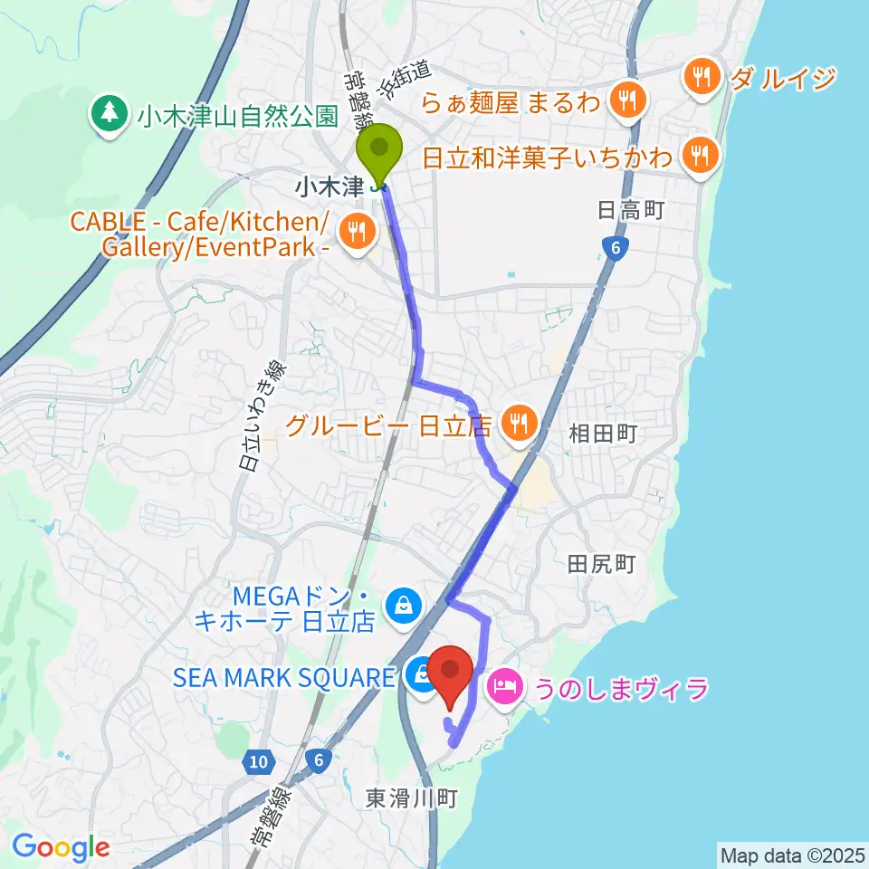 シネマサンライズの最寄駅小木津駅からの徒歩ルート（約37分）地図