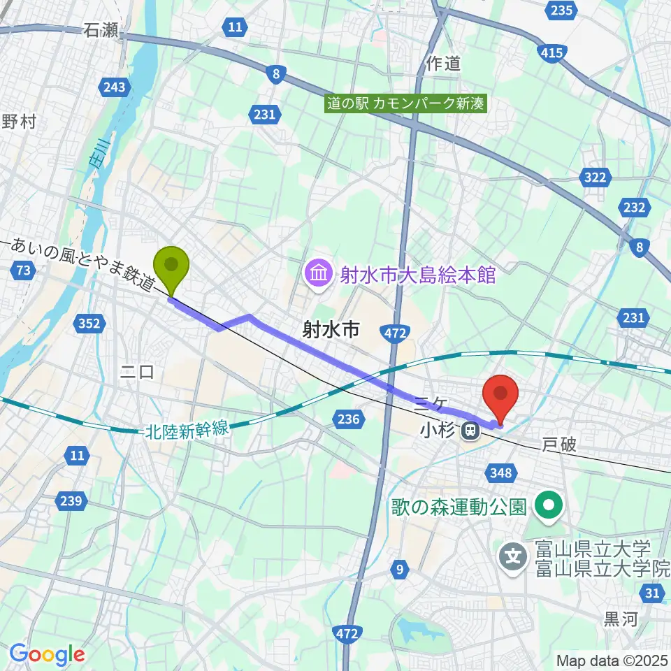 越中大門駅から救急薬品市民交流プラザ QQPlazaへのルートマップ地図