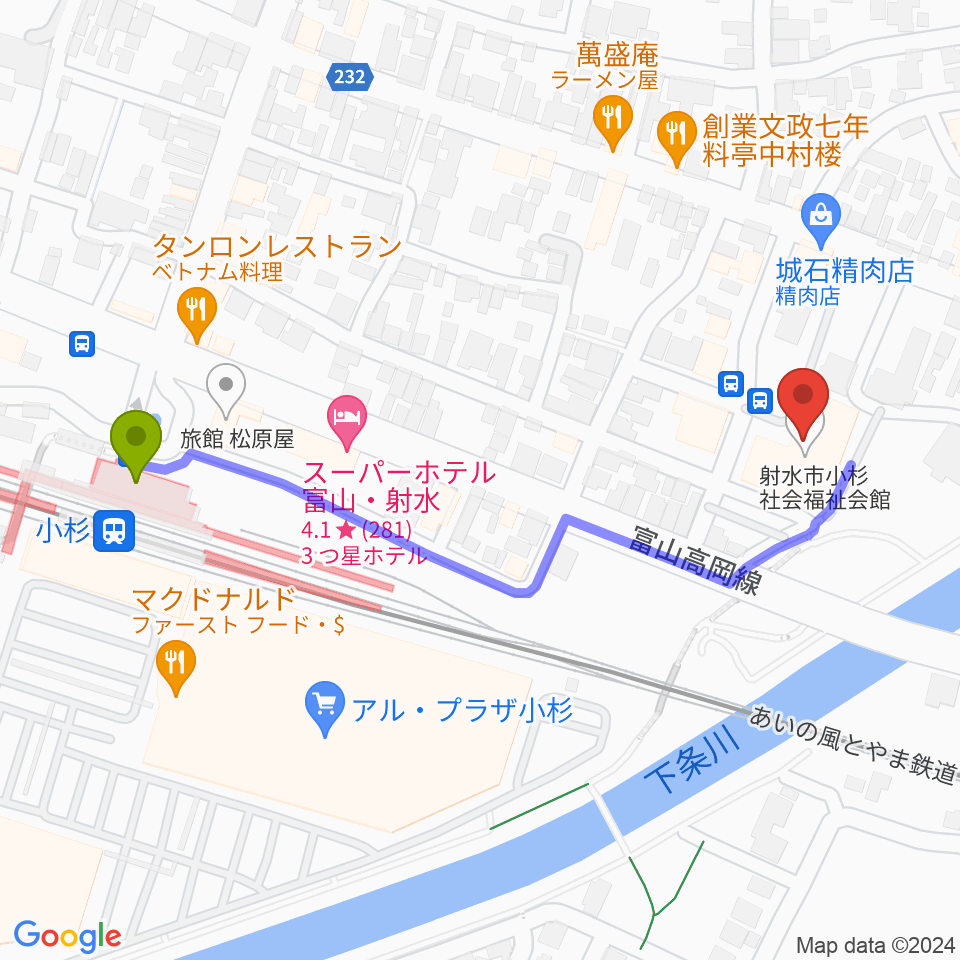 救急薬品市民交流プラザ（QQPlaza）の最寄駅小杉駅からの徒歩ルート（約5分）地図