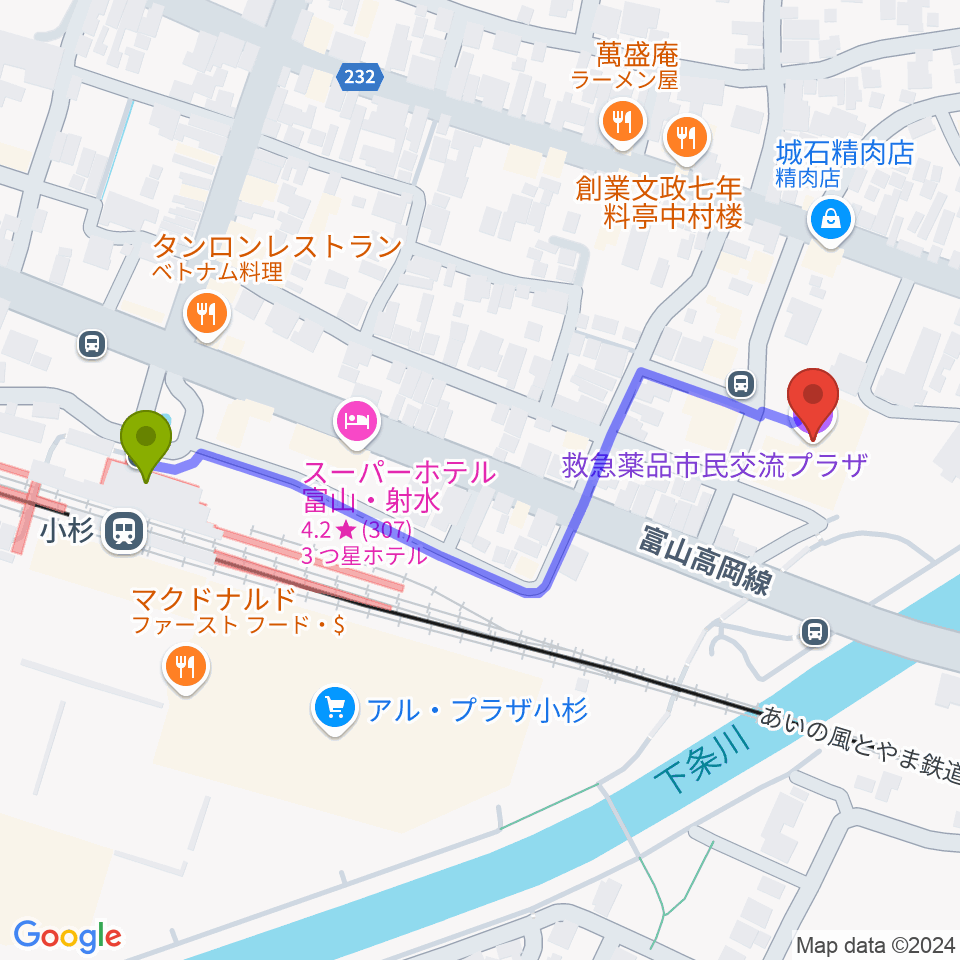 救急薬品市民交流プラザ（QQPlaza）の最寄駅小杉駅からの徒歩ルート（約5分）地図