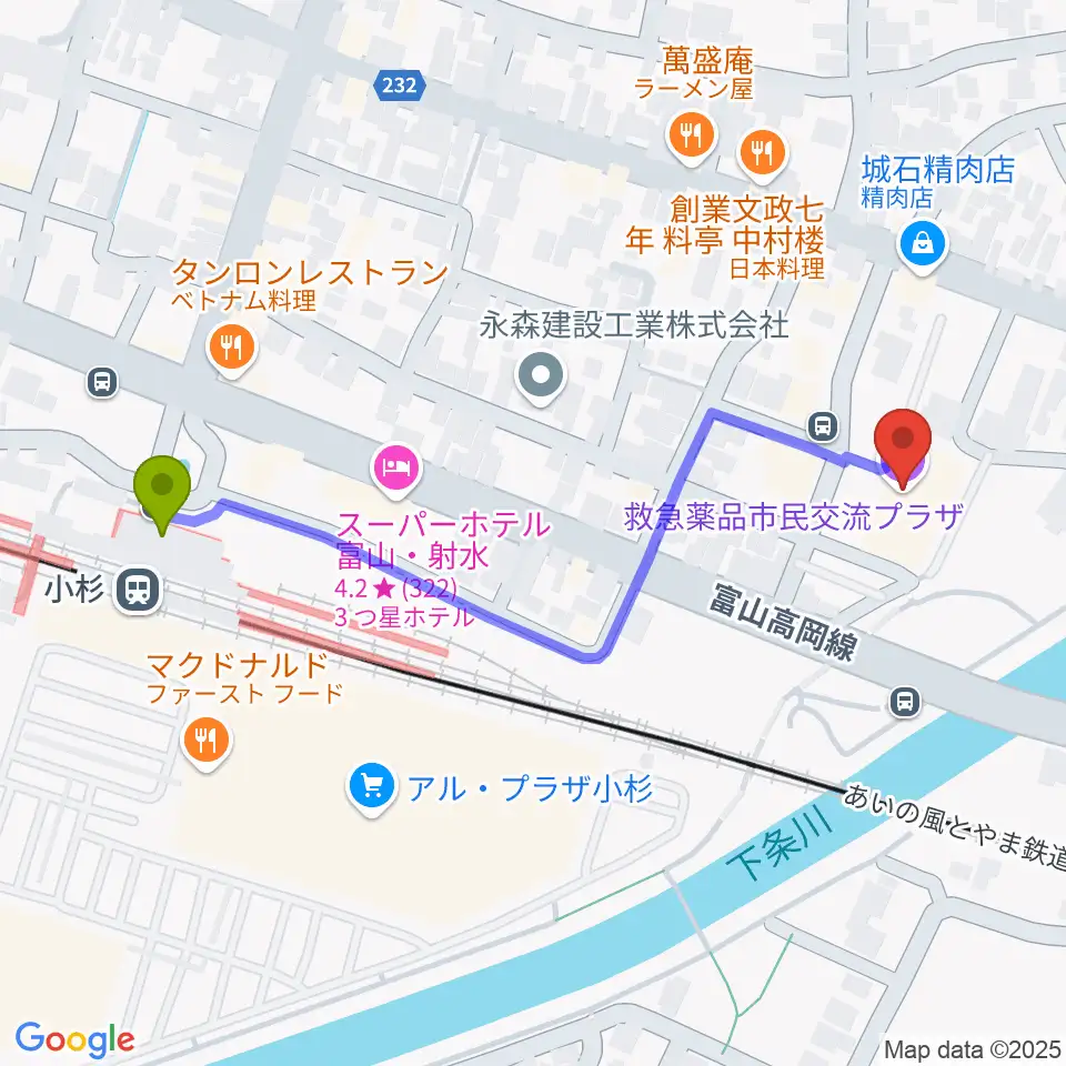 救急薬品市民交流プラザ（QQPlaza）の最寄駅小杉駅からの徒歩ルート（約5分）地図