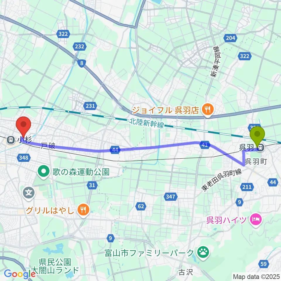 呉羽駅から救急薬品市民交流プラザ QQPlazaへのルートマップ地図
