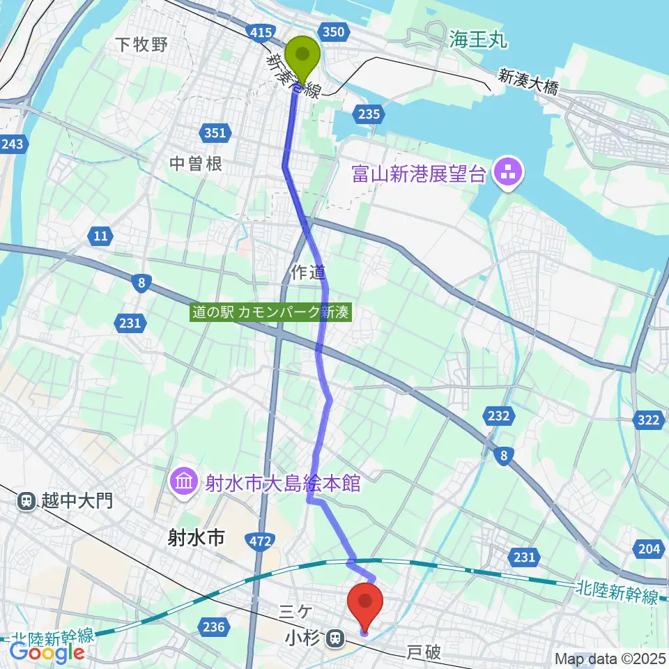 中新湊駅から救急薬品市民交流プラザ QQPlazaへのルートマップ地図