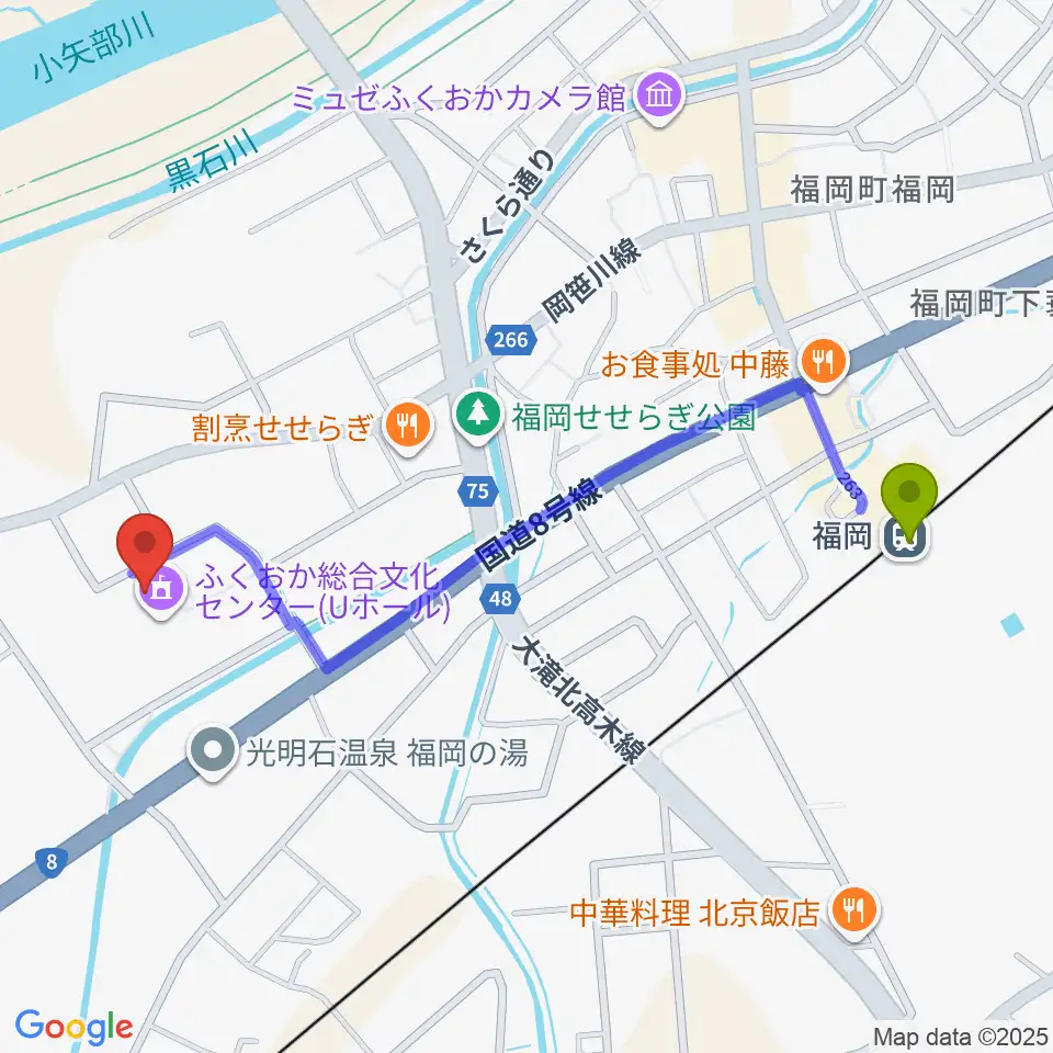 高岡市ふくおか総合文化センターＵホールの最寄駅福岡駅からの徒歩ルート（約11分）地図