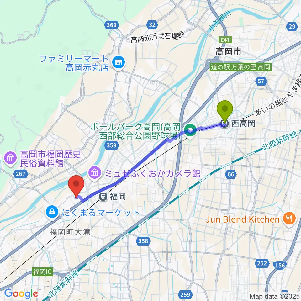 西高岡駅から高岡市ふくおか総合文化センターＵホールへのルートマップ地図