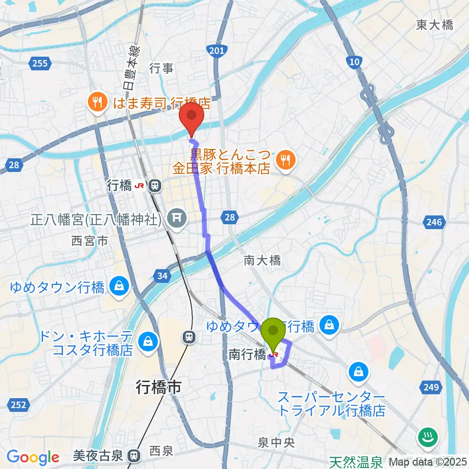 南行橋駅からリブリオ行橋へのルートマップ地図