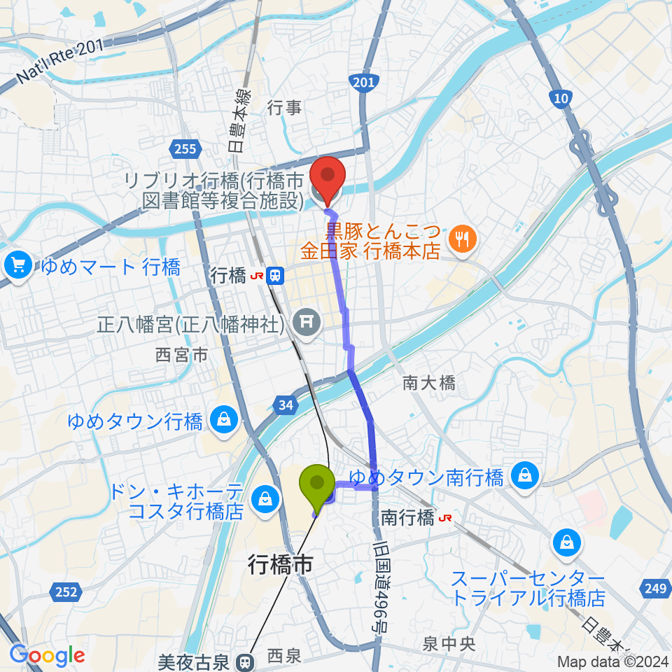 令和コスタ行橋駅からリブリオ行橋へのルートマップ地図