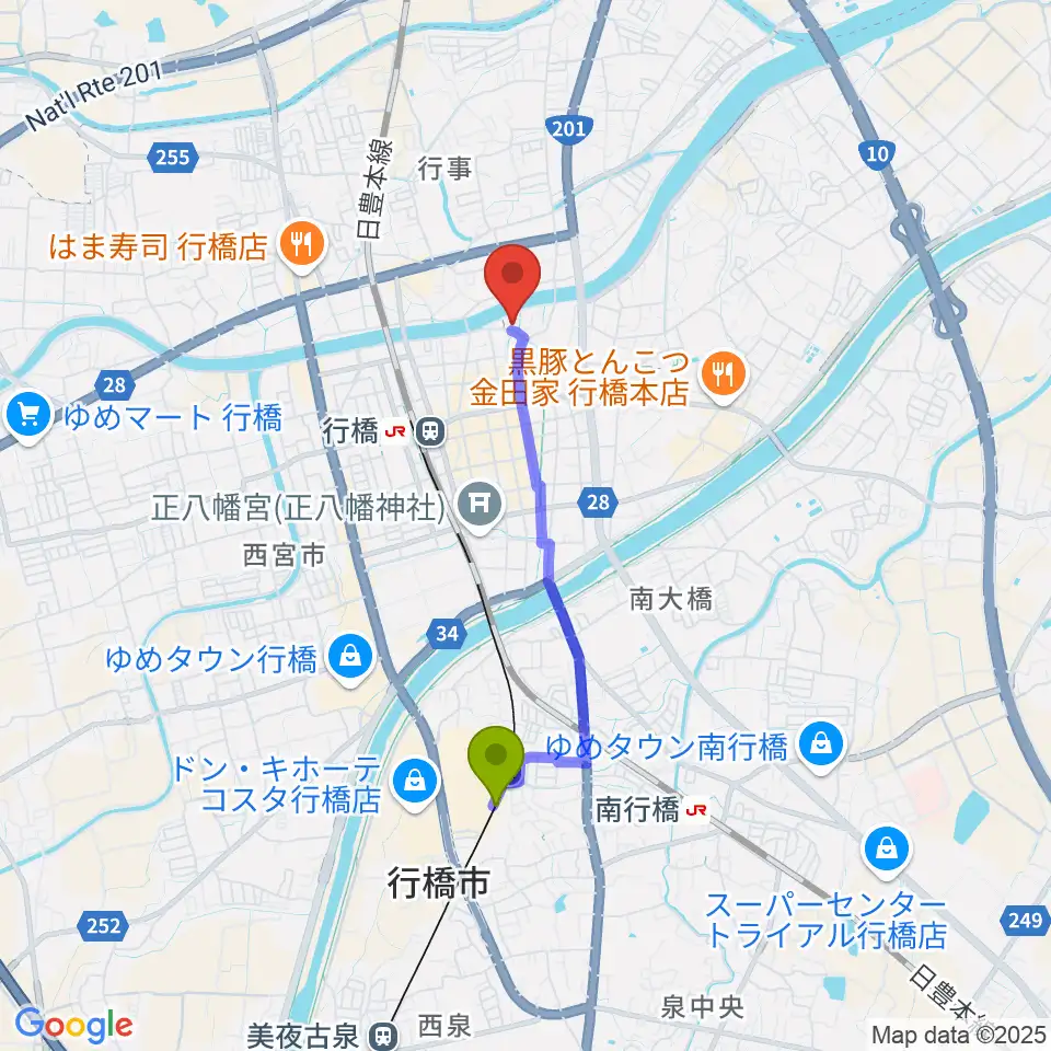 令和コスタ行橋駅からリブリオ行橋へのルートマップ地図