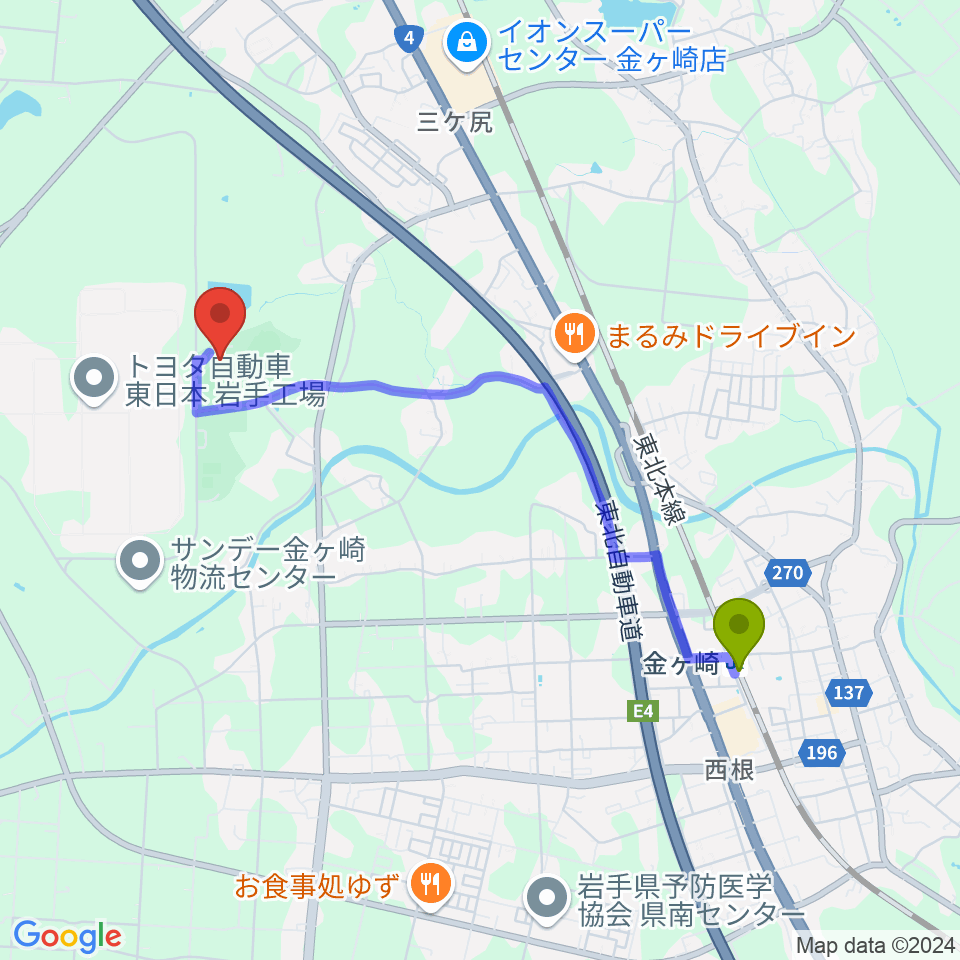 金ケ崎駅からしんきん森山スタジアム（森山総合公園野球場）へのルートマップ地図