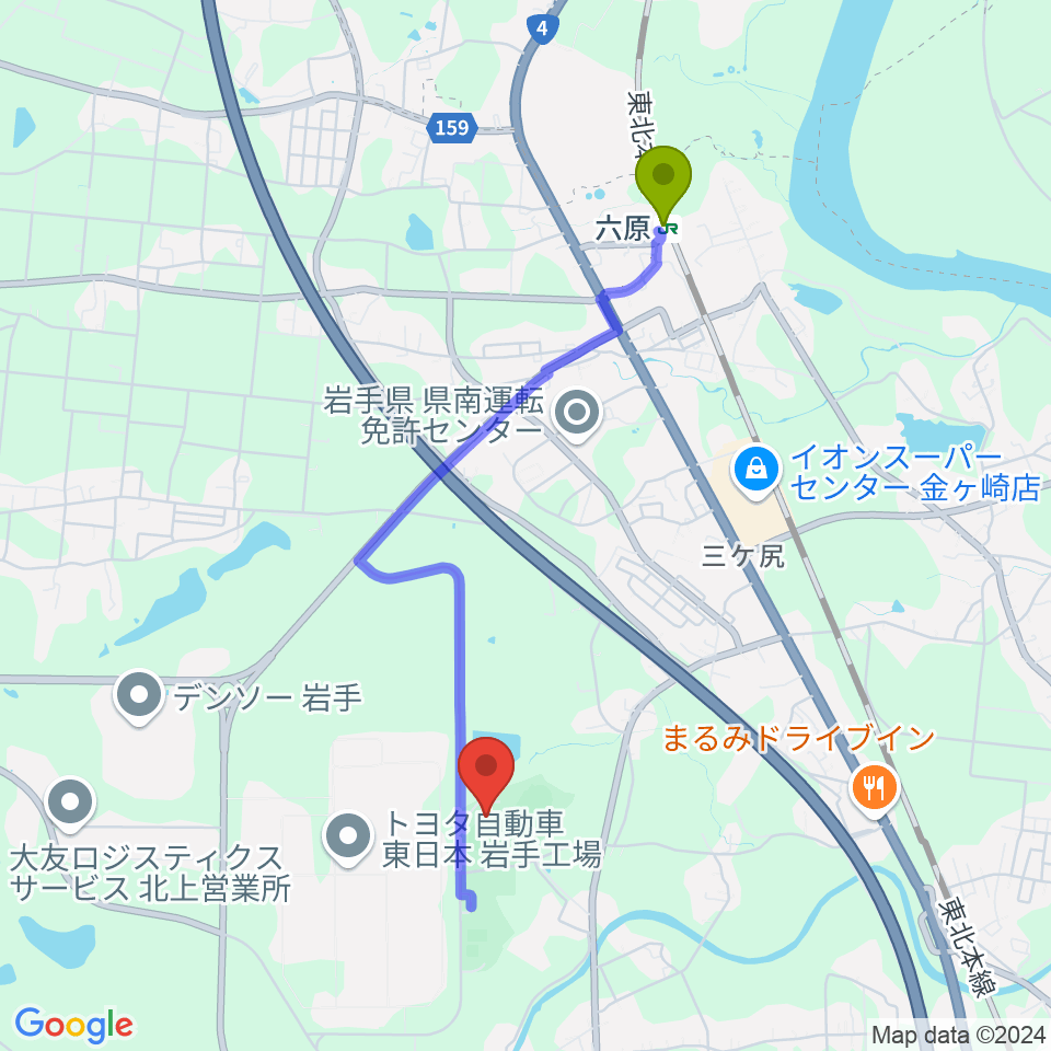 しんきん森山スタジアム（森山総合公園野球場）の最寄駅六原駅からの徒歩ルート（約35分）地図