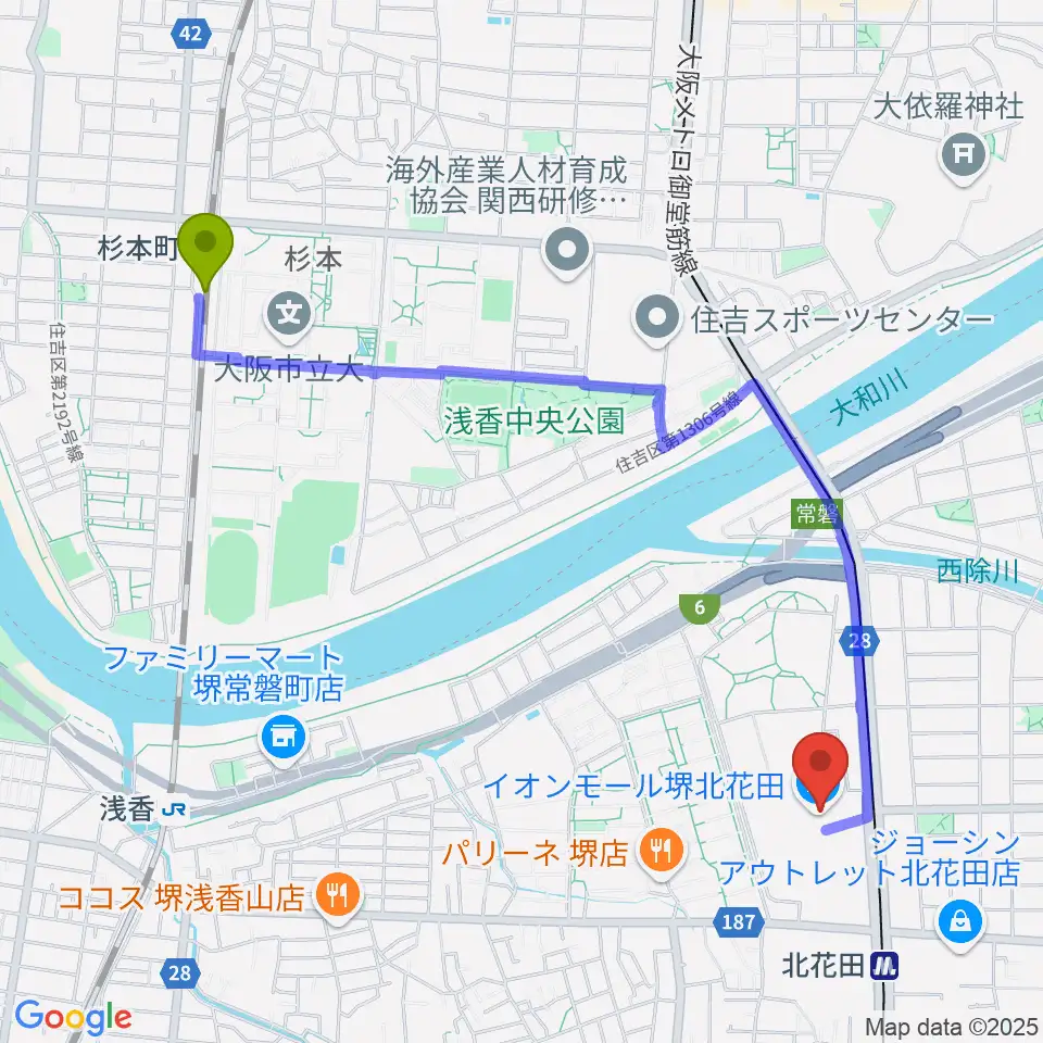 杉本町駅から島村楽器イオンモール堺北花田店へのルートマップ地図
