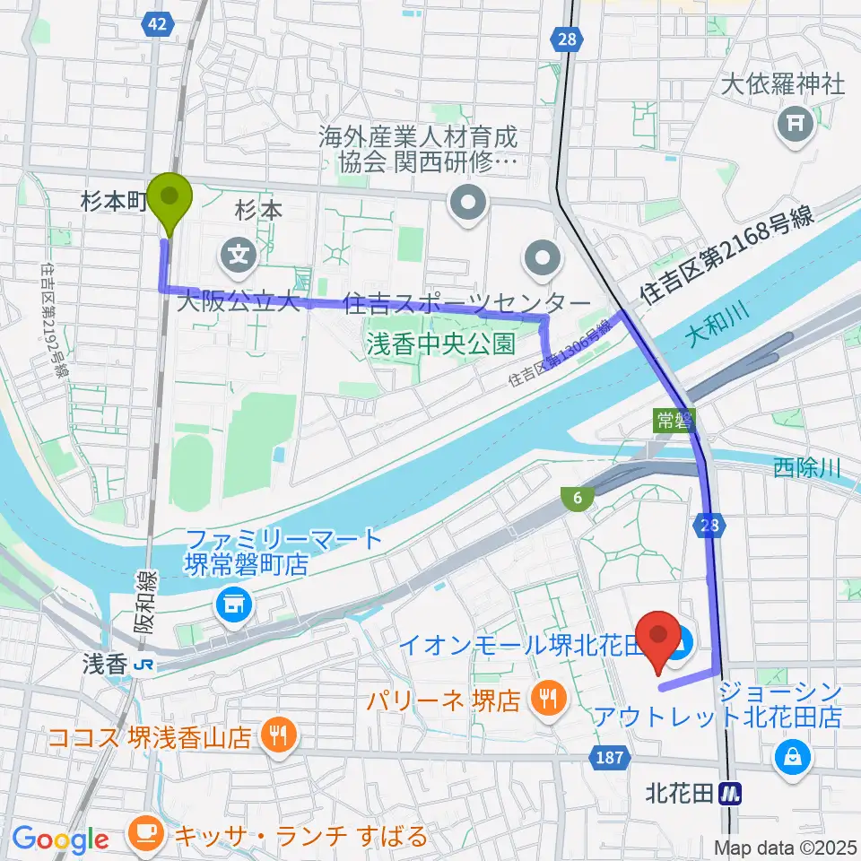 杉本町駅から島村楽器イオンモール堺北花田店へのルートマップ地図