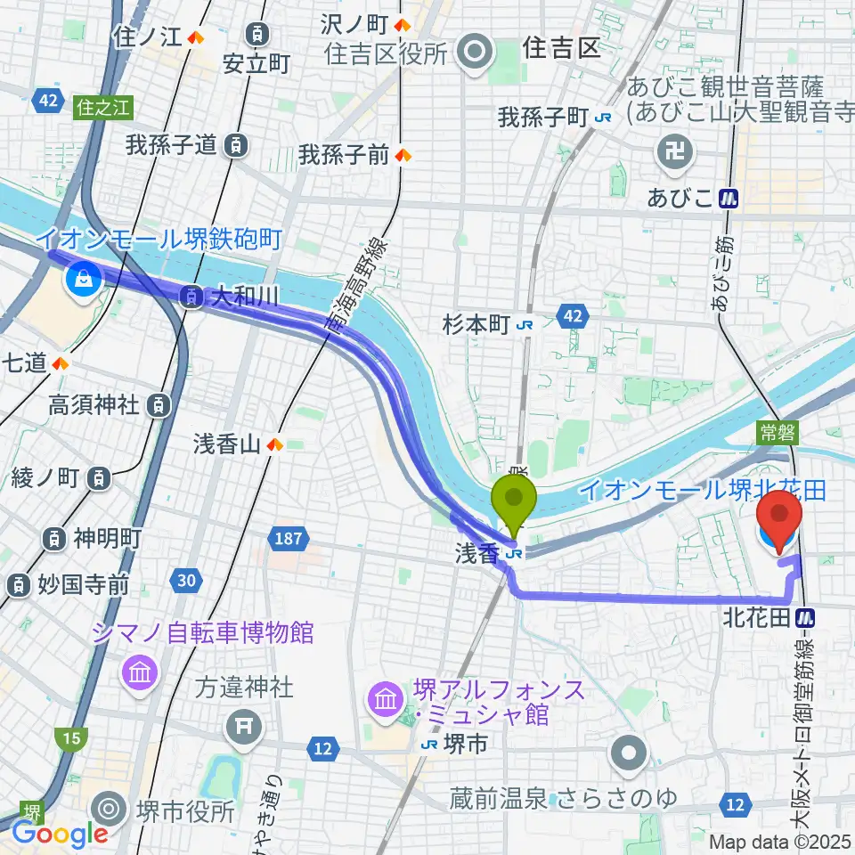 浅香駅から島村楽器イオンモール堺北花田店へのルートマップ地図