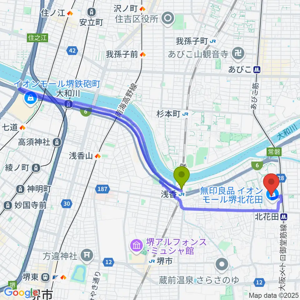 浅香駅から島村楽器イオンモール堺北花田店へのルートマップ地図