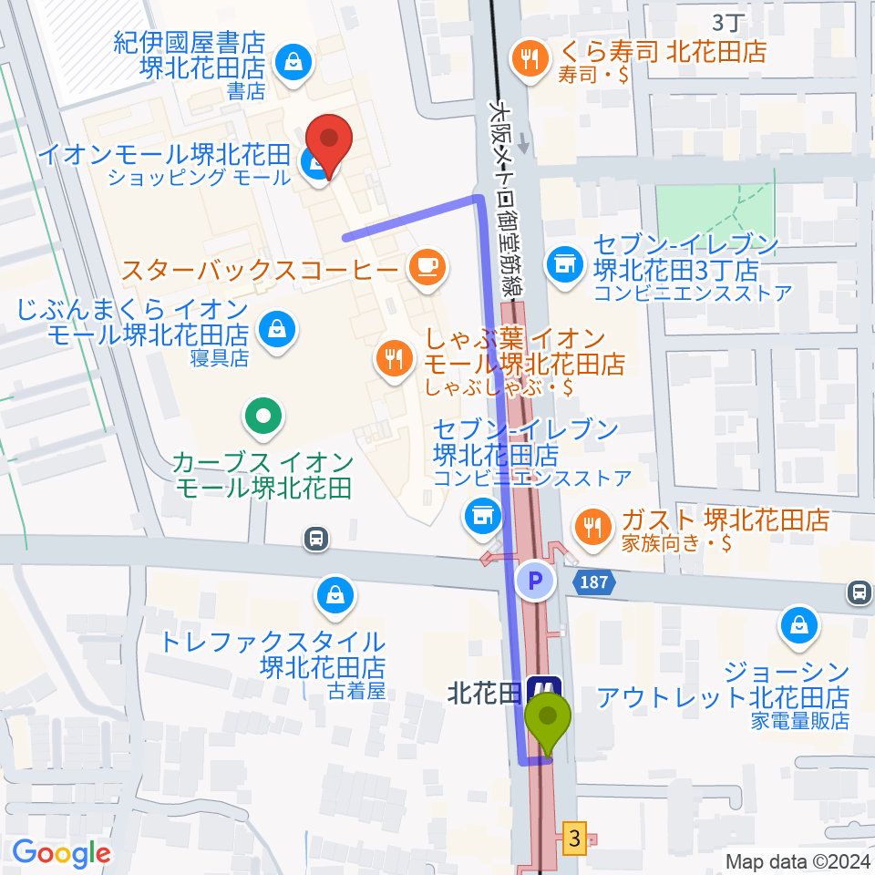 島村楽器イオンモール堺北花田店の最寄駅北花田駅からの徒歩ルート（約6分）地図