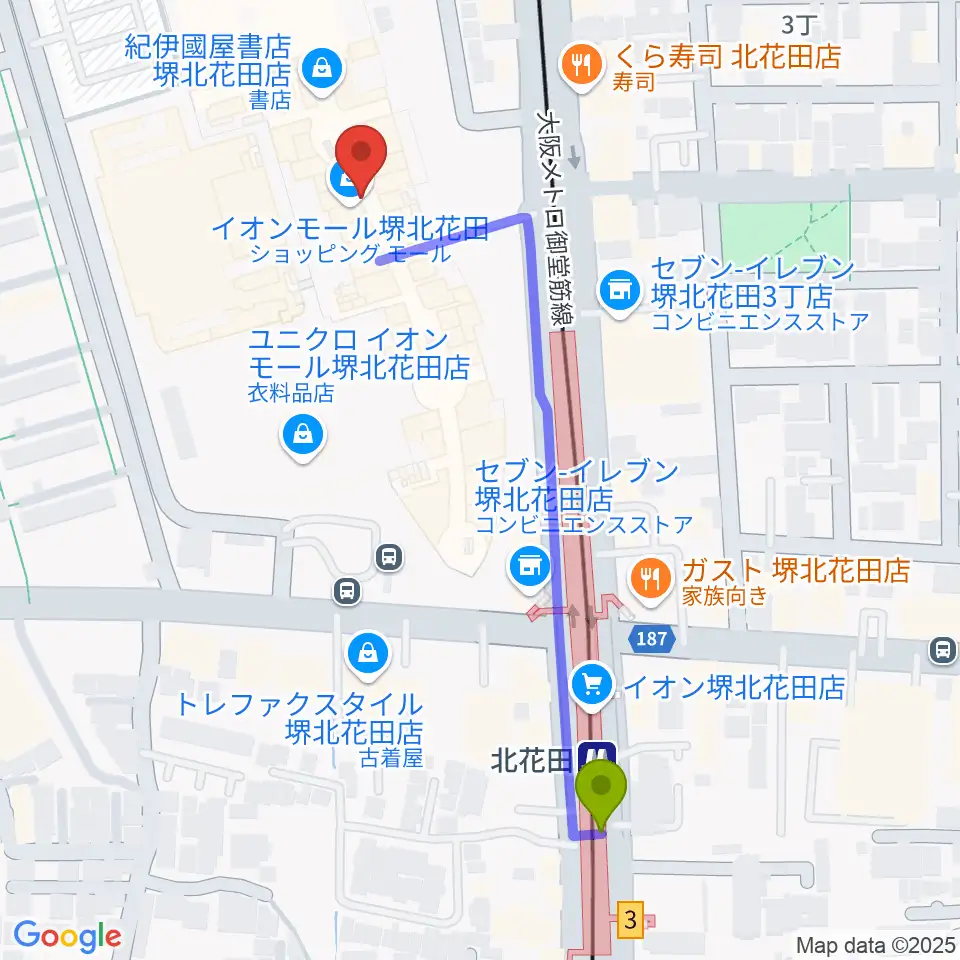 島村楽器イオンモール堺北花田店の最寄駅北花田駅からの徒歩ルート（約6分）地図