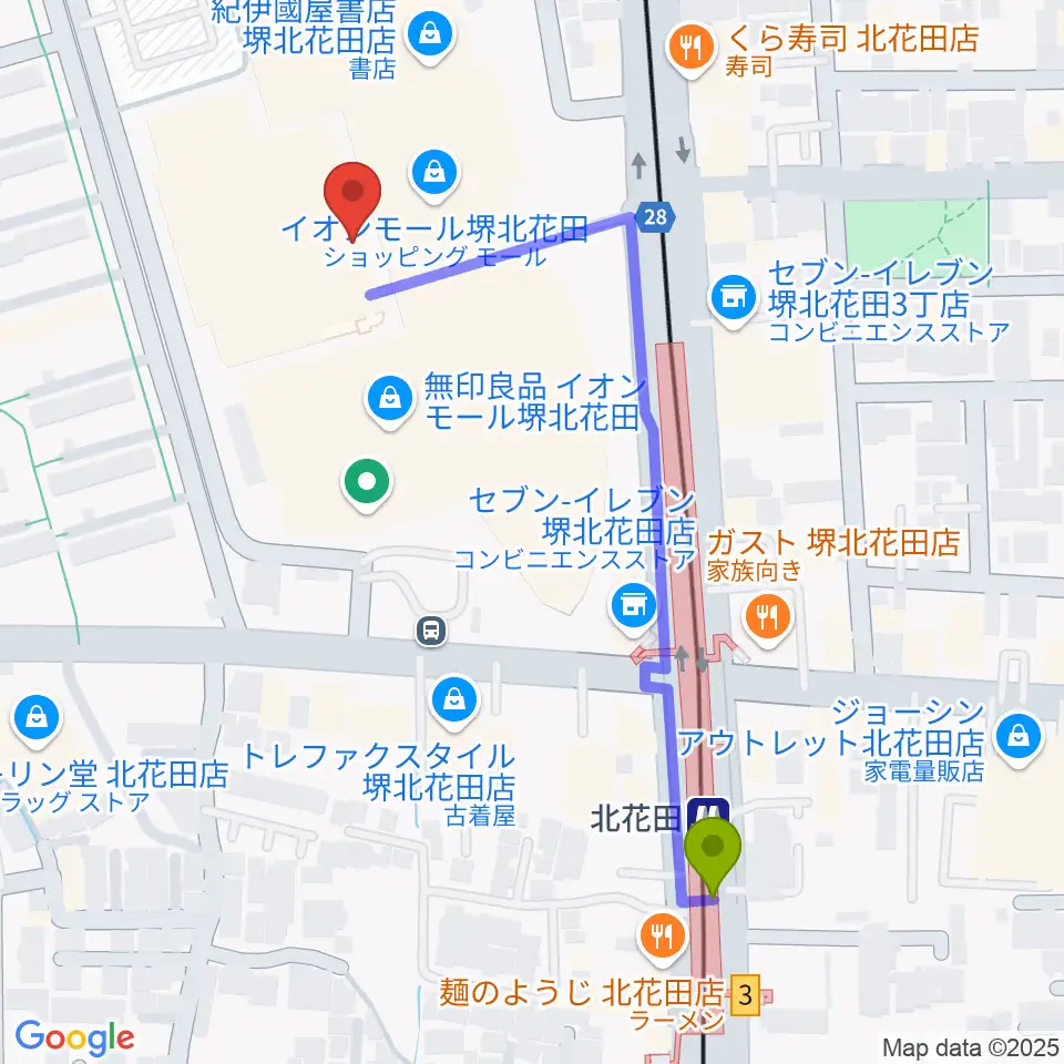 島村楽器イオンモール堺北花田店の最寄駅北花田駅からの徒歩ルート（約6分）地図