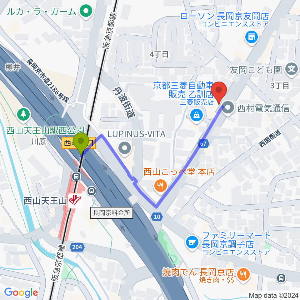 カヤック・クラヴィアの最寄駅西山天王山駅からの徒歩ルート（約4分）地図