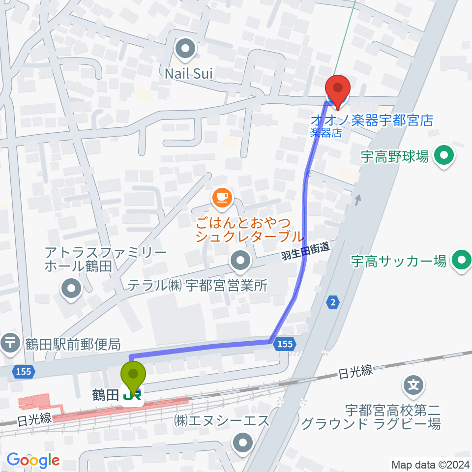 オオノ楽器 宇都宮店の最寄駅鶴田駅からの徒歩ルート（約6分）地図