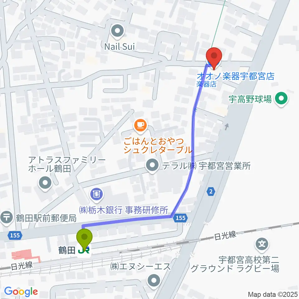 オオノ楽器 宇都宮店の最寄駅鶴田駅からの徒歩ルート（約6分）地図