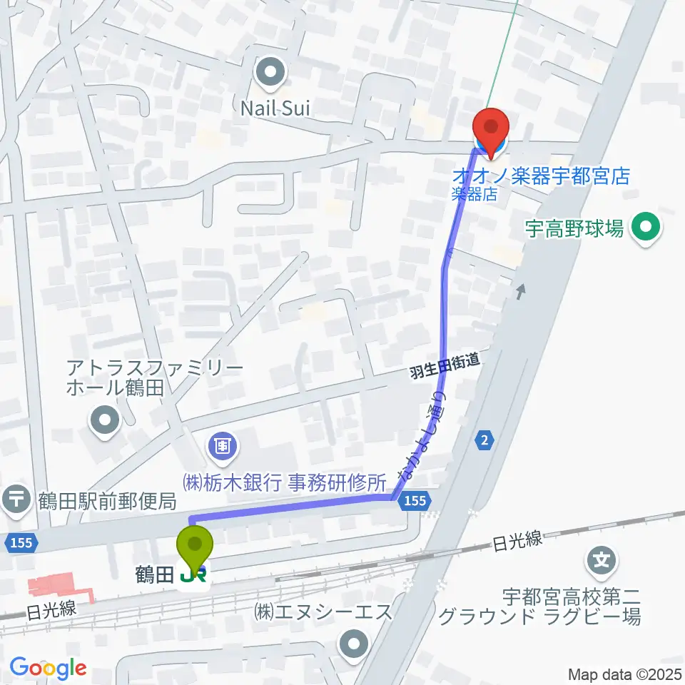 オオノ楽器 宇都宮店の最寄駅鶴田駅からの徒歩ルート（約6分）地図
